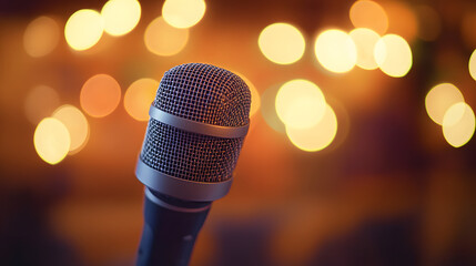 Metal microphone on blurred background close-up