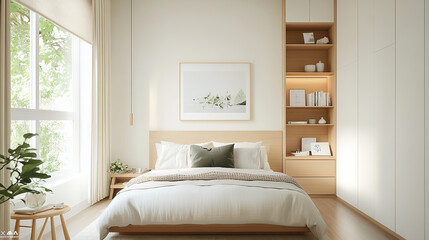 A serene bedroom featuring wooden bed, soft bedding, and natural light streaming through large windows. minimalist design includes cozy reading nook and stylish storage