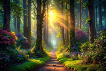Obraz premium Enchanted Forest Pathway Leading to a Bright Light Through Tall Trees and Lush Greenery