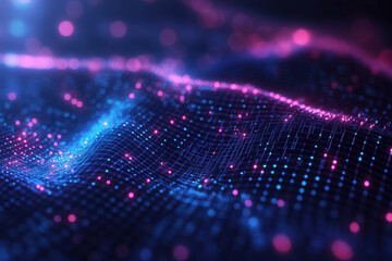 A stunning digital landscape of vibrant blue and pink particles flowing together in an abstract cosmic setting at night. Generative AI