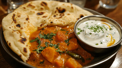 A spicy vegetable curry served with naan and yogurt.