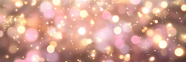 Obraz premium Abstract Christmas bokeh background - gold, pink blurred glitter lights - banner, header, panorama
