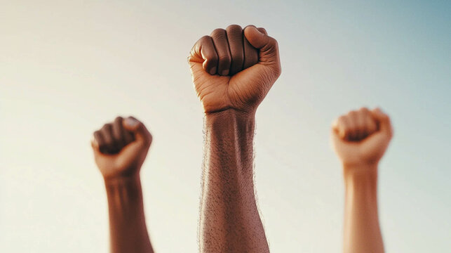 Raised fists against bright sky, hope and resilience