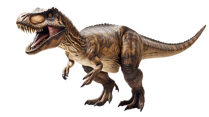 Fototapeta premium A fierce Tyrannosaurus Rex dinosaur with its mouth open in a roar, isolated on a white background.