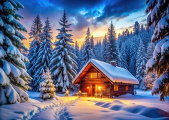 Enchanting Winter Scene of a Wooden House Nestled in a Scenic Snowy Forest Landscape