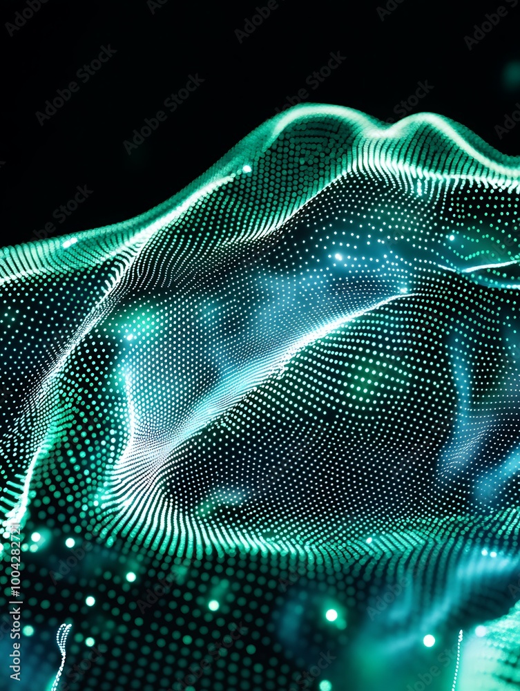 Poster abstract futuristic digital wave with glowing particles and depth, creating a mesmerizing visual eff