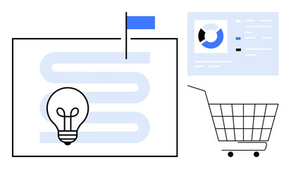 Light bulb on a path symbolizing ideas flag representing milestones graph displaying data shopping cart for marketing strategies. Ideal for business innovation strategic planning market research data