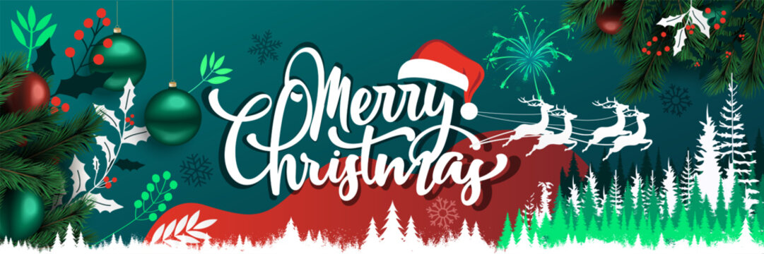 Merry Christmas banner with winter theme snow design background. Christmas ornaments calligraphy with Santa hat and red green blue reindeers with Snowflakes pine trees fireworks. Vector Illustration.