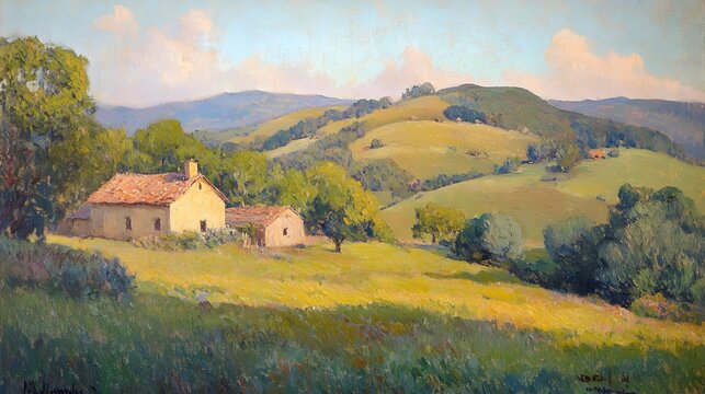 Cozy countryside setting with a quaint farmhouse and rolling hills in the background depicted in an impressionistic oil painting with soft brushstrokes vivid colors and warm lighting