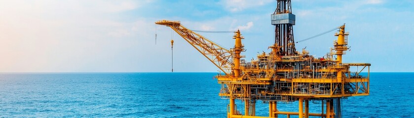 Offshore oil rig against a blue sky and calm sea, showcasing industrial technology.