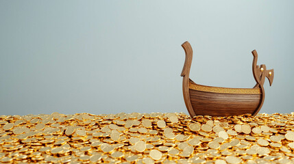 Viking ship sailing on a sea of gold coins symbolizing wealth