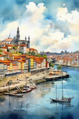 A beautiful watercolor drawing in neutral colors of Porto Portugal landscape