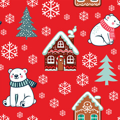 Christmas seamless pattern, Polar bear, gingerbread house and snowflackes, pintree. Cute cartoon character for holiday wrapping paper. Vector pattern for kids.