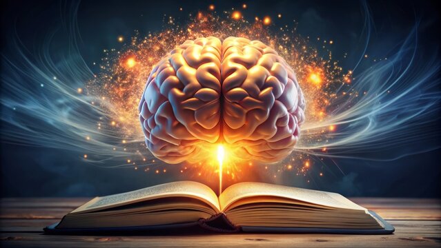 Concept art of a human brain exploding with knowledge and creativity