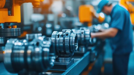 Fototapeta premium A technician works on precision machinery in a modern manufacturing facility, showcasing advanced engineering processes.