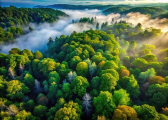 Enigmatic Nature Background Featuring a Moody, Misty Forest with Lush Green Foliage and Trees