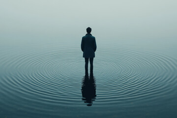 A man stands in a body of water, looking out at the horizon