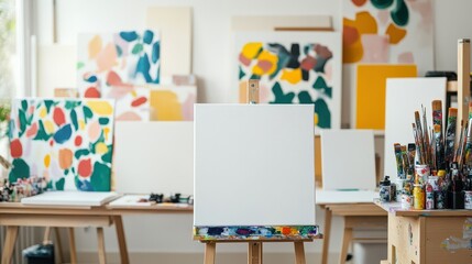 A bright and vibrant art studio with blank canvas and colorful paintings, perfect for creative inspiration and artistic expression.