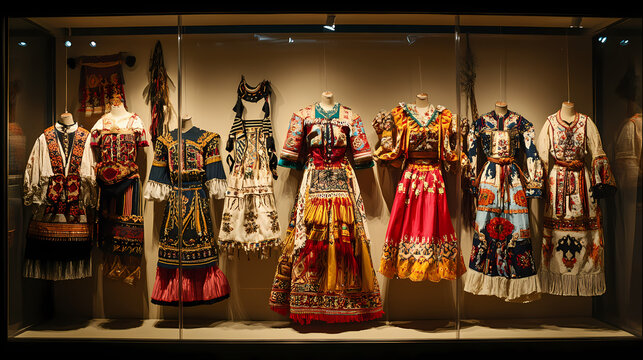 A display of romanian traditional textiles with detailed embroidery, representing the rich cultural heritage of romania. Balkan Folk Dance. Illustration