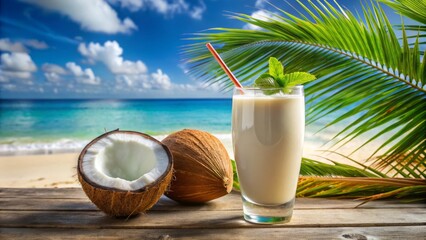 Chilled coconut smoothie with a slice of fresh coconut set against a tropical beach backdrop
