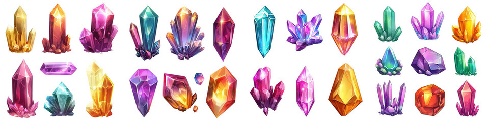 A vibrant collection of colorful crystals featuring various shapes and sizes, perfect for enhancing your artistic projects. on a white background as transparent PNG