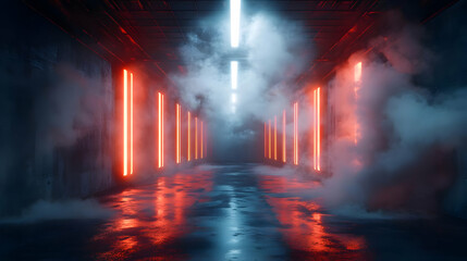 3D Illustration of a Futuristic Corridor with Neon Lights and Smoke