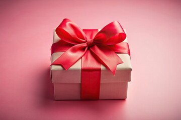 Fototapeta premium Pink gift box with big red bow isolated on pastel background