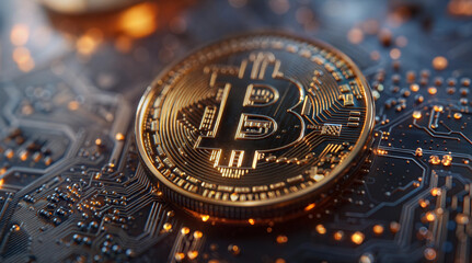 Golden bitcoin on circuit board representing cryptocurrency and blockchain technology