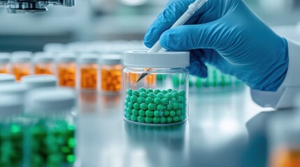 A hand in a blue glove carefully adjusts green capsules in a lab setting, showcasing precision and attention to detail in healthcare.