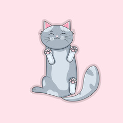 A cartoon cat is sitting on a pink background. The cat is smiling and has its paws up