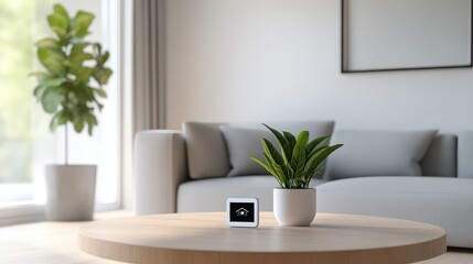 A modern living room featuring a stylish plant, cozy sofa, and a decorative object on a wooden coffee table.