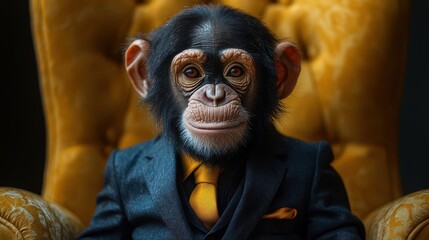 polished chimpanzee in a tailored business suit confidently posing against a dark backdrop blending sophistication with a touch of humor and charm
