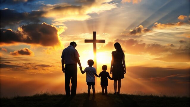 Silhouette, family and Christian cross for praying, religion and funeral social gathering