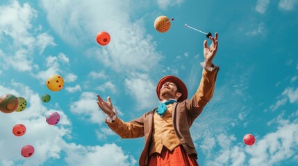 A man in old-fashioned attire juggles colorful objects under a bright blue sky, surrounded by floating balloons, creating a lively and vibrant scene of celebration.