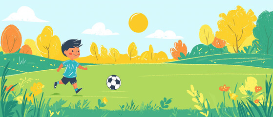 A young boy runs across a sunny field, excitedly chasing a soccer ball under a clear blue sky surrounded by autumn trees.