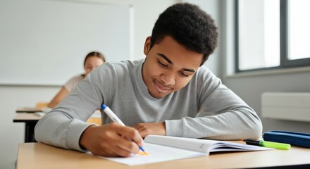 Student Concentrating on Studying in a Classroom