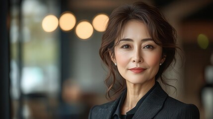 portrait of a confident japanese businesswoman in her 50s dressed in a sharp suit standing against a polished office background embodying professionalism