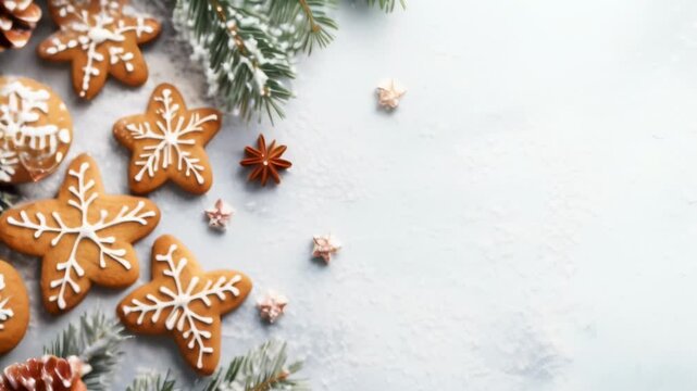 Christmas gingerbread cookies forming a frame with fir branches and pine cones on a snowy background, leaving a blank space on the right side