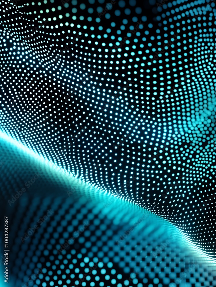 Poster abstract pattern with blue dots on a black background, creating a dynamic visual effect, suitable fo
