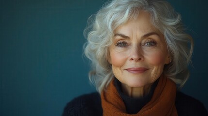 portrait of a joyful senior woman smiling warmly at the camera against a soft blue background radiating positivity and wisdom capturing the essence of happiness in later life