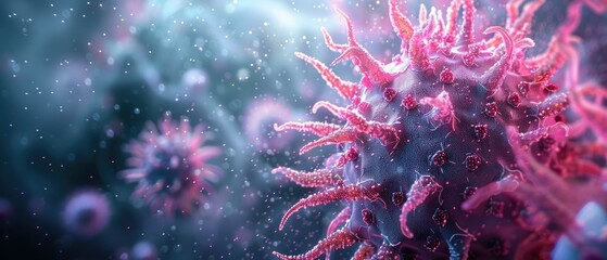 Obraz premium Abstract pink and blue spiky shapes with a blurry background.