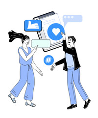 Online dating communication technology. Banner for online dating apps with people meet and communicate with potential partners. World of digital dating and virtual communication.