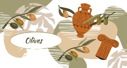 Olives banner backdrop, label with plant elements and place for text, for oil and natural cosmetics, health care products, flat vector illustration.