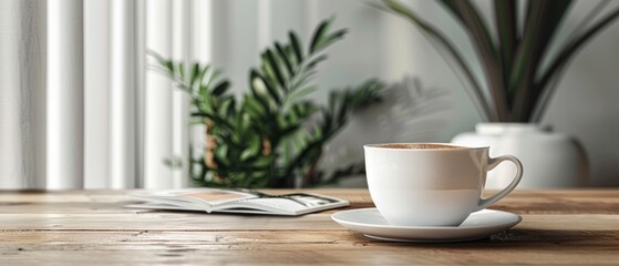 A handle-less coffee cup on a table with books, plant, and remote control. Tranquil setting hints at leisure activities like TV or reading.