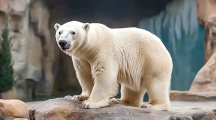 A polar bear stands on a rocky platform at the zoo while another sleeps on the adjacent rocks, showcasing their natural behavior in a tranquil environment