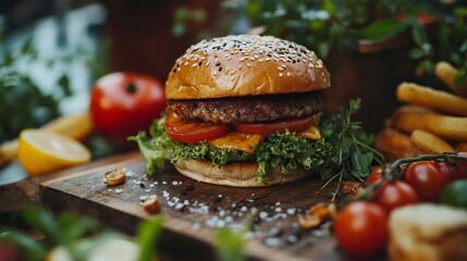 Hamburger buatan sendiri yang lezat dengan daging sapi, bawang merah, tomat, selada dan keju. Burger segar dekat pada meja pedesaan kayu dengan kentang goreng. Burger keju. Burger. generative ai