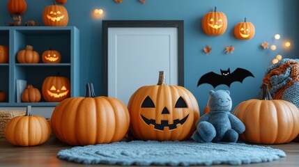 Cozy Halloween Decor with Pumpkins and Bat Motif
