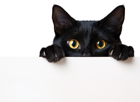 black cat peaking over a blank white sign board on a transparent background, cat hiding from a white banner png