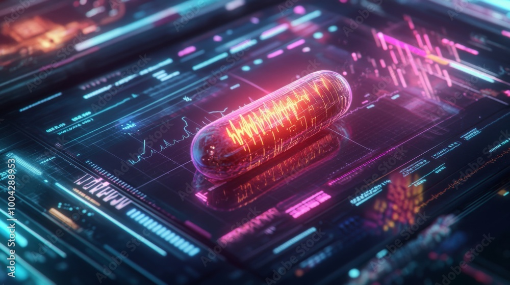 Poster A vibrant capsule rests on a high-tech digital interface displaying intricate data patterns and graphs