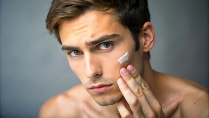 Obraz premium Young Man Contemplating Skincare Routine While Examining His Complexion